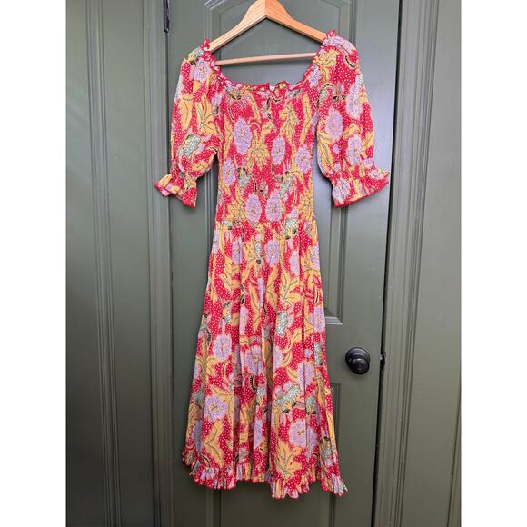 EUC Rhode Resort Eva Smocked Floral Puff Sleeve Maxi Cotton Red Dress Size Small - Picture 4 of 8